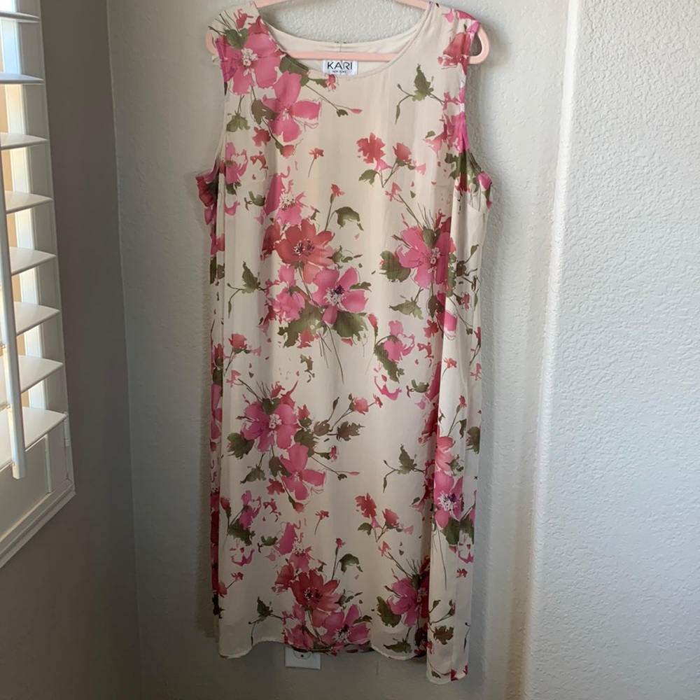 Cream, pink and green sleeveless dress